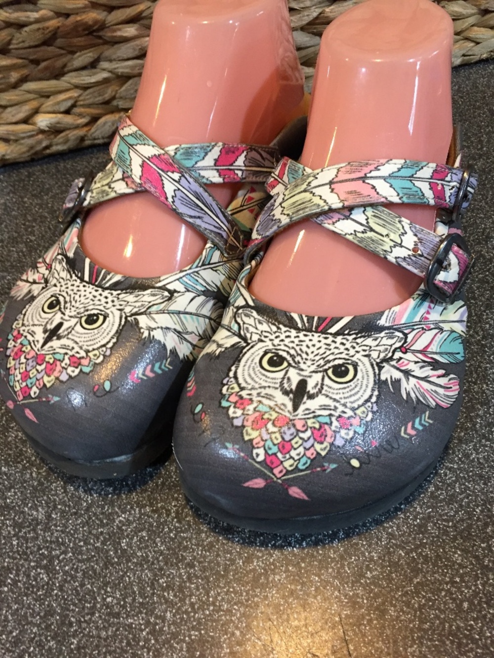 Womens Gray Mary Jane Mules with Multicolor Owl Print
